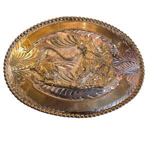 Rodeo Trophy Belt Buckle Calf Roper Roping Silver Plate Large Vintage Western